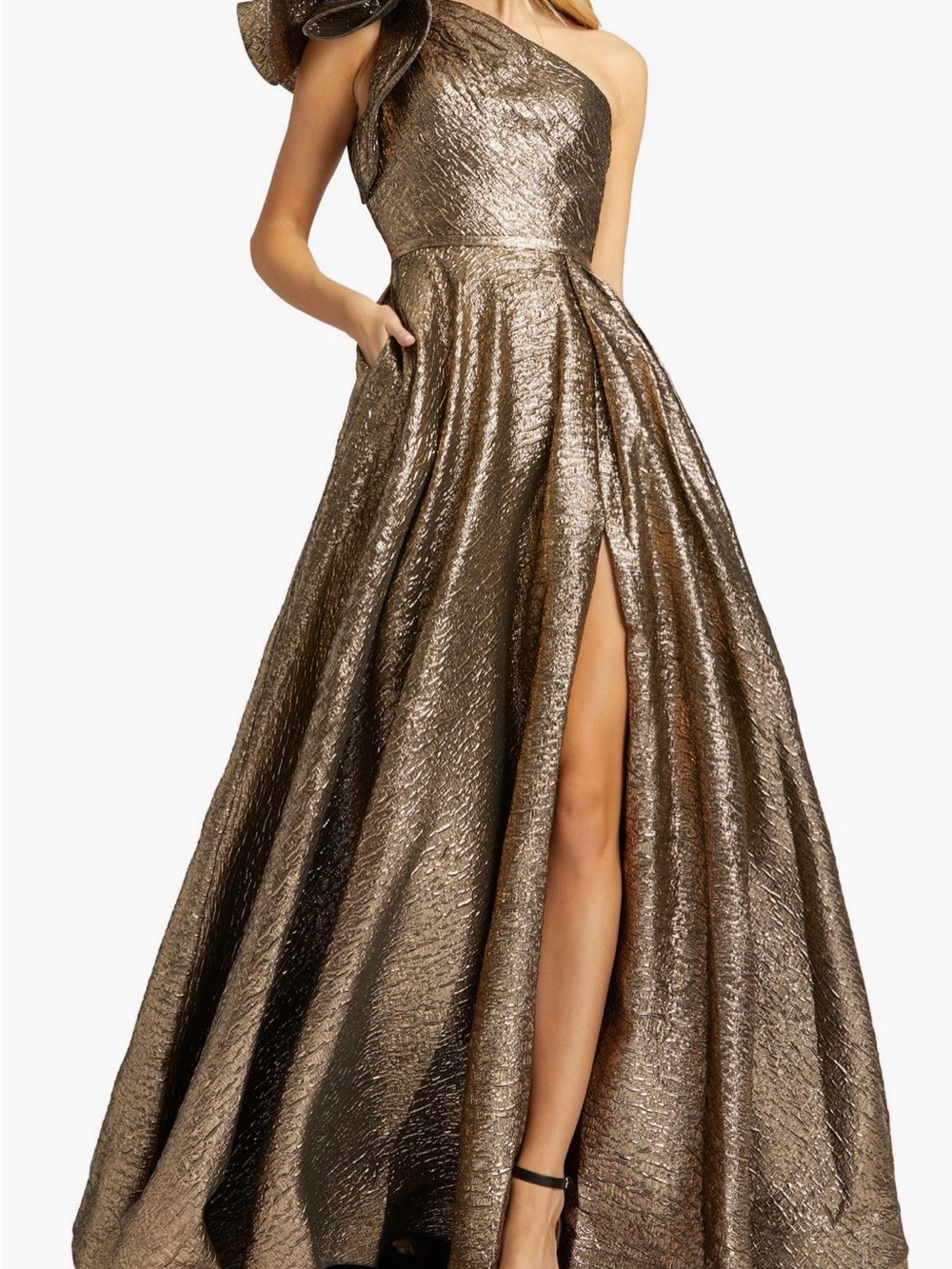 Mac Duggal 67297 Gold One Shoulder Metallic Evening Gown